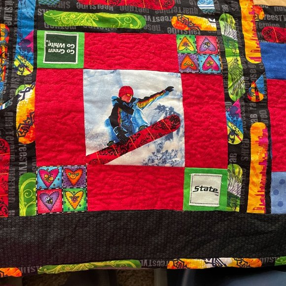 Handmade Patchwork Quilt Snowboarding Icon Pattern Multicolor Wilderness 57X78 - Picture 4 of 16